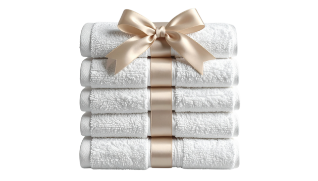 Stack of neatly folded white towels tied with a beige ribbon hygiene and wellness theme isolated on transparent background.