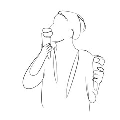 One continuous line drawing on white isolated background. Minimalism linear illustration. ice cream, person, woman, eating, summer, happy, food, fun, holding, young
