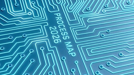 Process map 2026 blue circuit board design and printed circuit board concept with glowing pathway traces, technology network layout conveying futuristic workflow planning and digital transformation - Powered by Adobe