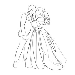 Fototapeta premium One continuous line drawing on white isolated background. Minimalism linear illustration. marriage, bride, groom, happiness, wedding, married, love, romance, couple, happy