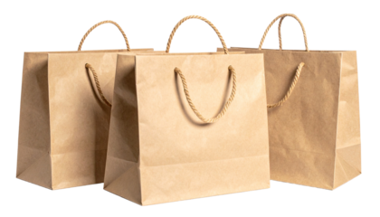 Shopping bag made of kraft paper with rope handles — retail, branding concept isolated PNG.