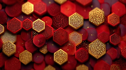 Abstract vector pattern of Chinese gold coins with subtle 3D lighting, metallic red and gold gradient. -