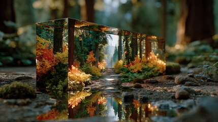 Autumn forest landscape seen through a giant glass prism, natural color refraction effect.