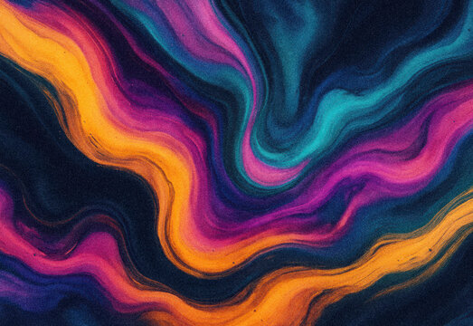 Vibrant abstract swirl of neon orange, pink, purple, and teal ribbons across a dark, starry background, creating dynamic motion, energy, and a cosmic textured art feel