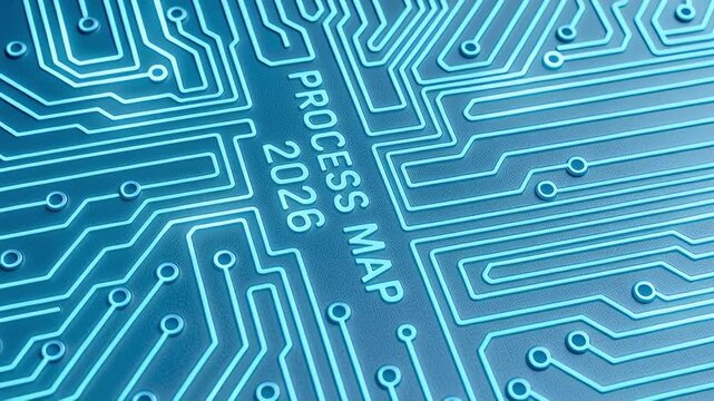 Process map 2026 blue circuit board design and printed circuit board concept with glowing pathway traces, technology network layout conveying futuristic workflow planning and digital transformation