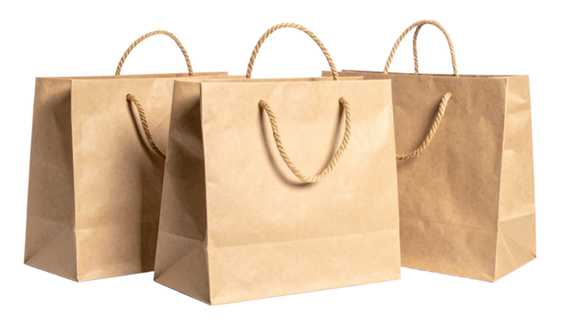 Shopping bag made of kraft paper with rope handles — retail, branding concept isolated PNG.