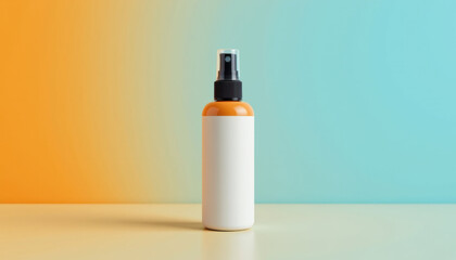 Cylindrical cosmetic spray bottle with blank label on colorful background, simple design, clean and modern look