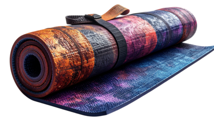 Rolled yoga mat with visible texture and strap — health, fitness, and mindfulness concept PNG.