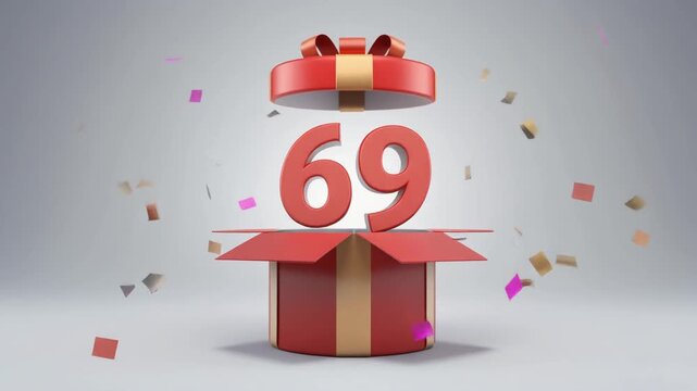 Nicely wrapped gift box popping open, the number 69 appears. Video for birthday or anniversary party