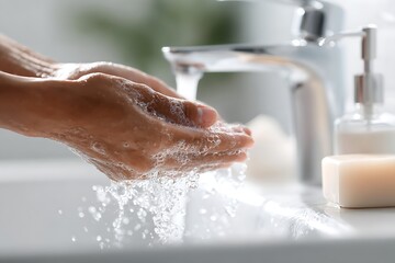 Fototapeta premium Hands being washed under flowing water with gentle foam, conveying cleanliness, care and freshness, symbolizing protection and healthy routine with cinematic softness and minimal calm atmosphere