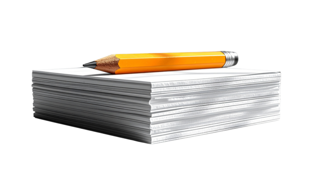 Stack of white papers with a sharpened pencil on top  creativity, idea generation, and office workspace concept PNG.