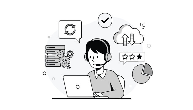  Customer Service and Technical Support Agent: Monochromatic Flat Design Vector Illustration of a Man with Headset, Laptop, and Cloud Computing Icons 
