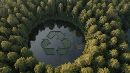 An aerial view shows a lake surrounded by trees with a large recycling symbol in the water