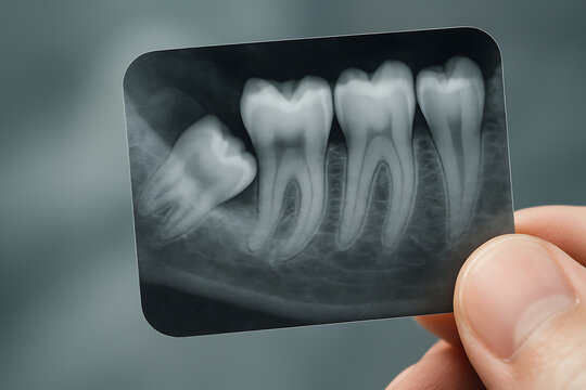 Close-up dental X-ray showing impacted wisdom tooth positioned horizontally against adjacent molar, clearly revealing root and bone structure in high detail.