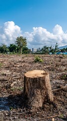 Old Weathered Tree Stump in Arid Desert Landscape Under Blue Sky