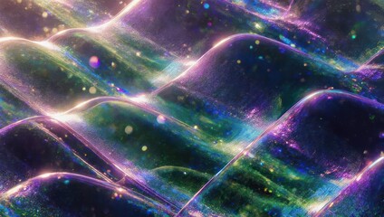 Abstract digital art depicts flowing, undulating curves with shimmering textures, colors and sparkles