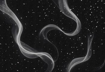 Abstract cosmic scene with delicate wispy white smoke trails curling across a starry black space backdrop, evoking science fiction ambiance and dreamlike atmosphere for design use
