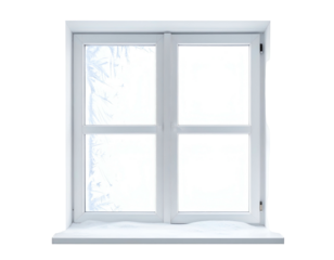Frosty windowpane, snow-dusted sill, winter's cold grip