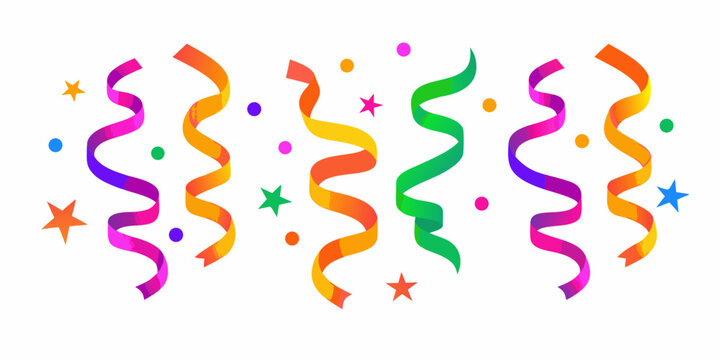 Colorful party streamers and confetti with stars on a white background for celebrations and events