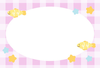 Pastel pink plaid frame with fish and starfish for under the sea template, aquarium, ocean, animal, zoo, souvenir shop, polaroid photo, post card, vacation poster, sticky note, memo note, notepads