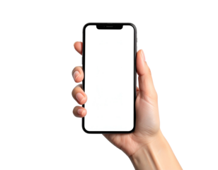 Hand holding modern smartphone with blank white screen