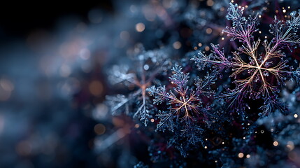 Digital network shaped like snowflakes with neon blue and purple lines, symbolizing winter connectivity.
