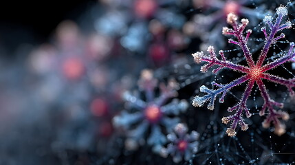 Digital network shaped like snowflakes with neon blue and purple lines, symbolizing winter connectivity.