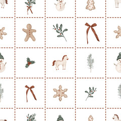 Christmas seamless pattern with horses, pine branches, for tree, bow. Repeat ornament with illustration holly and red berries and sweet cookie gingerbread and snowman on checkered background