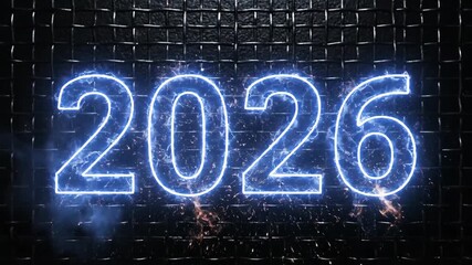 white electric burst 2026 neon numbers on dark tile wall, sparks fly, plasma arc weld effect, gritty industrial texture, promotional opener for tech launch, intense blue glow, cinematic close ups. - Powered by Adobe