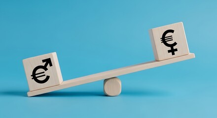 Gender pay gap concept, euro symbol with male and female signs on a seesaw