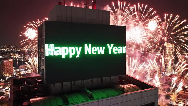 countdown timer new year rooftop billboard countdown over city skyline. neon green numbers pulse on giant screen while fireworks erupt behind skyscrapers, urban night illuminated with festive glow.