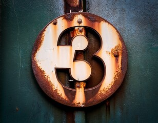 rusty metal number 3 on a weathered industrial wall
