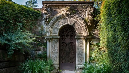 ornate stone doorway carved detail overgrown garden