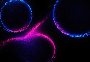Abstract neon energy spheres orbit within a dark cosmic landscape as electric pink and blue curves stream through space, creating a futuristic, luminous visual sculpture