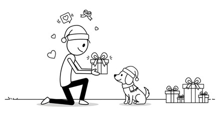 Stick Figure Giving Christmas Gift to Dog Illustration.