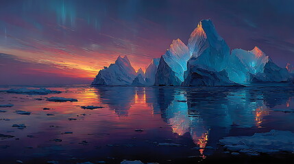 Geometric crystal-shaped iceberg, teal-blue light reflection, aurora sky in the background.