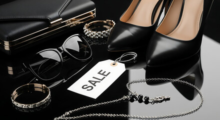 Elegant black high heels and accessories are displayed with a sale tag on a reflective surface.