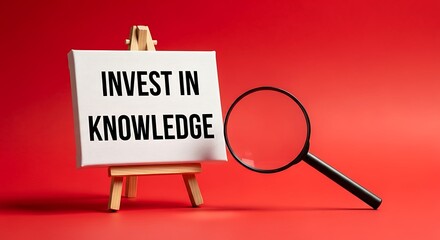 Invest in knowledge concept with a magnifying glass on a red background, symbolizing research and learning