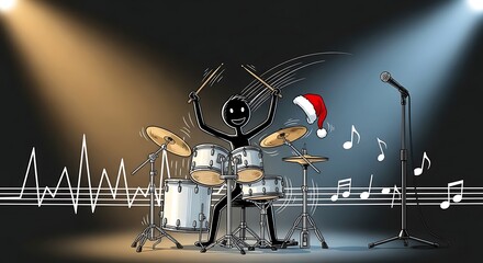Stick Figure Drummer with Santa Hat in Concert.