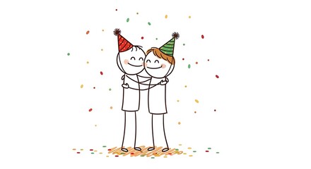 Two stick figures celebrating together with party hats and confetti.