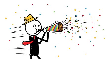 Whimsical Celebration - Stick Figure Blowing Horn Amidst Confetti.