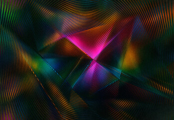 Vivid abstract composition with swirling geometric shapes, iridescent color gradients, and dynamic light reflections, evoking energy, creativity, and modern digital artistry