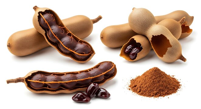 Tamarind pods seeds and powder isolated on white