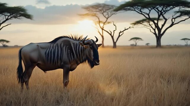 Wildebeest, gnu eating african savanna video
