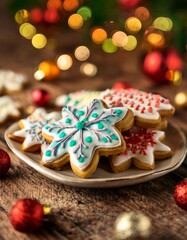 Collection of photos featuring festive sugar cookies on a rustic wooden table, decorated with colorful royal icing and sprinkles, cozy holiday baking scene with warm glow and joyful Christmas spirit.