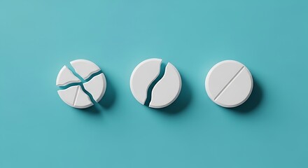 Three white pills on a blue background, one broken into pieces, one cracked, and one whole