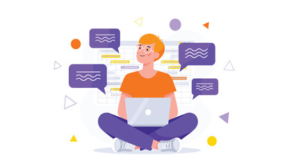 Man Working on Laptop with Creative Thought Bubbles: Flat Design Vector Illustration of Freelancing, Brainstorming, and Remote Work Productivity 
