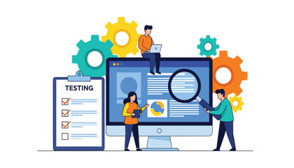 Software Quality Assurance and Website Testing Team: Flat Design Vector Illustration of People Working on Computer Screen, Checklist, and Gears for Bug Fixing and Optimization 