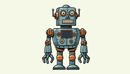 Retro-Futuristic Industrial Robot Illustration: Detailed Metal Vintage Design Vector Graphic with Orange Accents, Ideal for Technology and Children's Themes 
