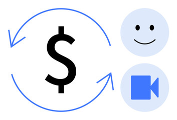 Dollar sign encircled by arrows next to a smiling face and video icon. Ideal for finance, media, technology, communication, marketing, service, innovation scenarios. Simple flat metaphor